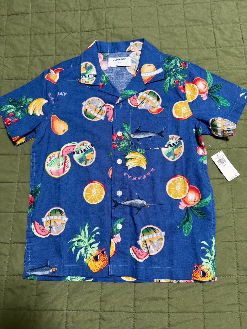 Old Navy Blue Tropical Fruit & Fish Print Camp Shirt - Men